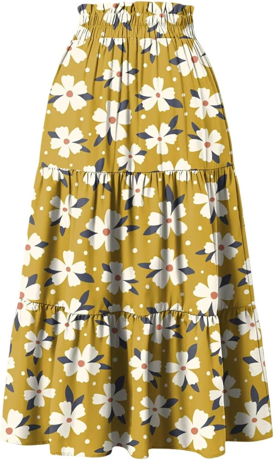 Floral Midi Skirts for Women Summer Comfy Tiered Elastic High Waisted Skirts Vacation A Line Flowy Swing Maxi Skirt
