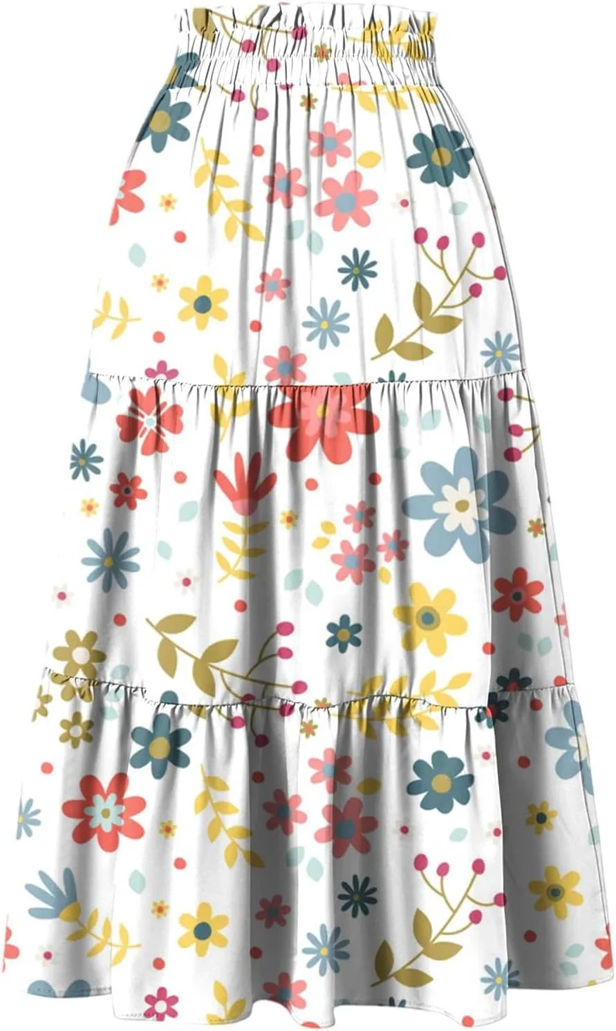 Floral Midi Skirts for Women Summer Comfy Tiered Elastic High Waisted Skirts Vacation A Line Flowy Swing Maxi Skirt
