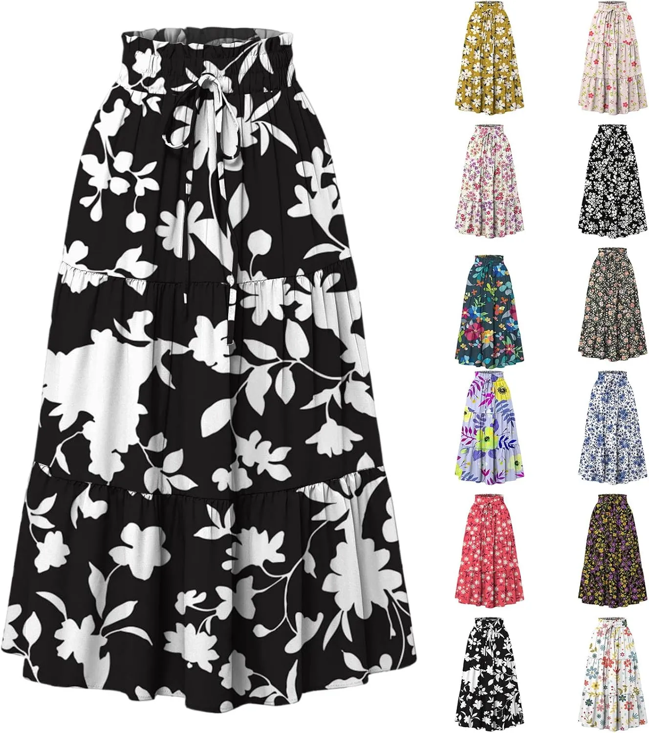 Floral Midi Skirts for Women Summer Comfy Tiered Elastic High Waisted Skirts Vacation A Line Flowy Swing Maxi Skirt