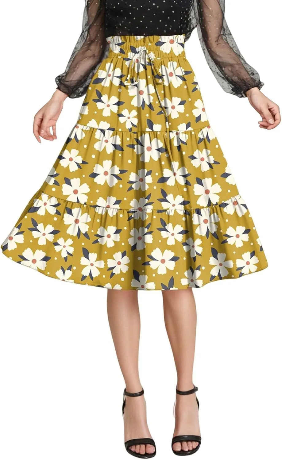 Floral Midi Skirts for Women Summer Comfy Tiered Elastic High Waisted Skirts Vacation A Line Flowy Swing Maxi Skirt