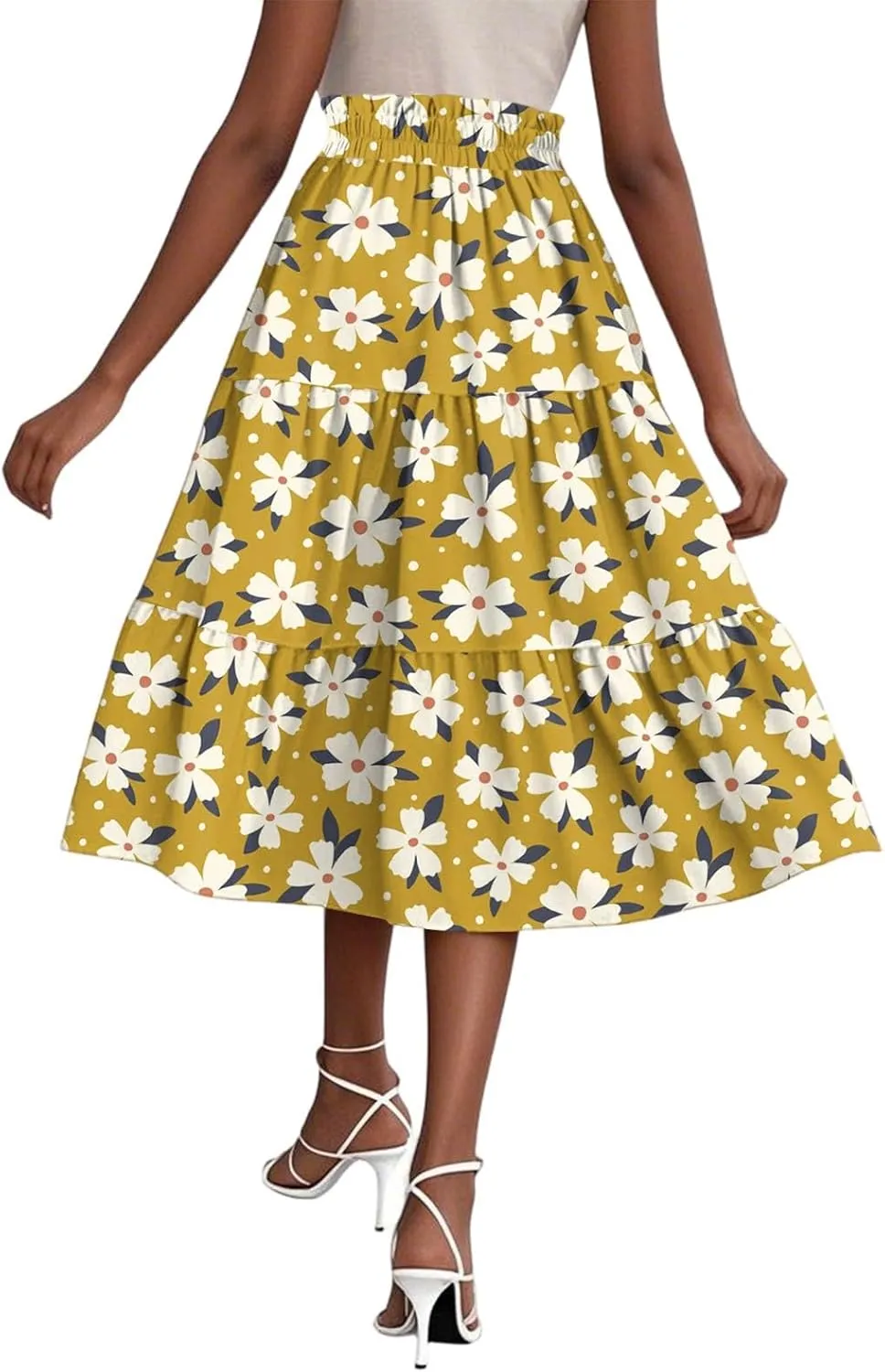Floral Midi Skirts for Women Summer Comfy Tiered Elastic High Waisted Skirts Vacation A Line Flowy Swing Maxi Skirt