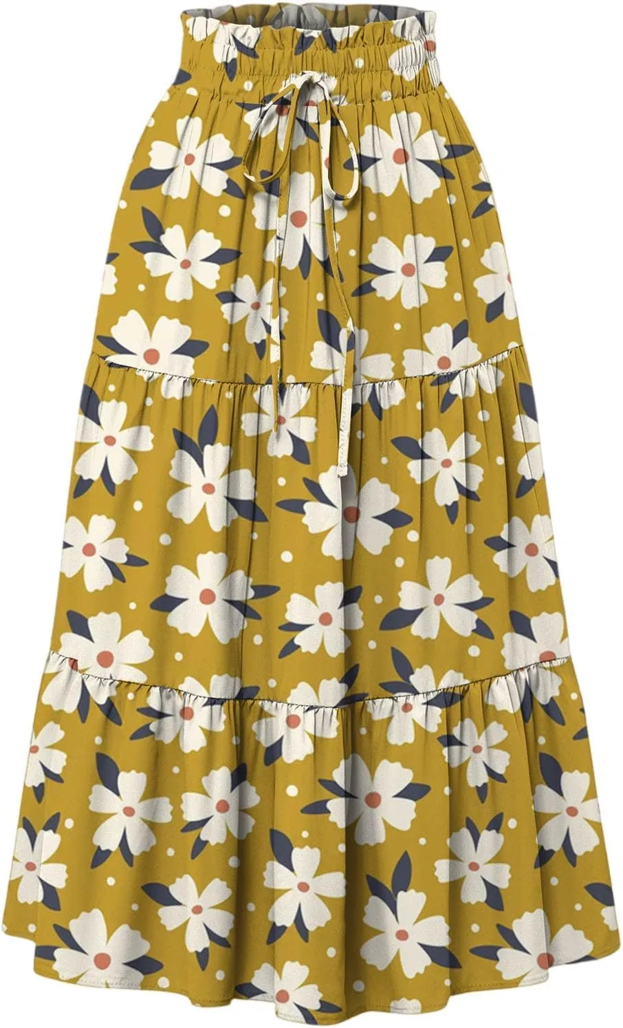 Floral Midi Skirts for Women Summer Comfy Tiered Elastic High Waisted Skirts Vacation A Line Flowy Swing Maxi Skirt