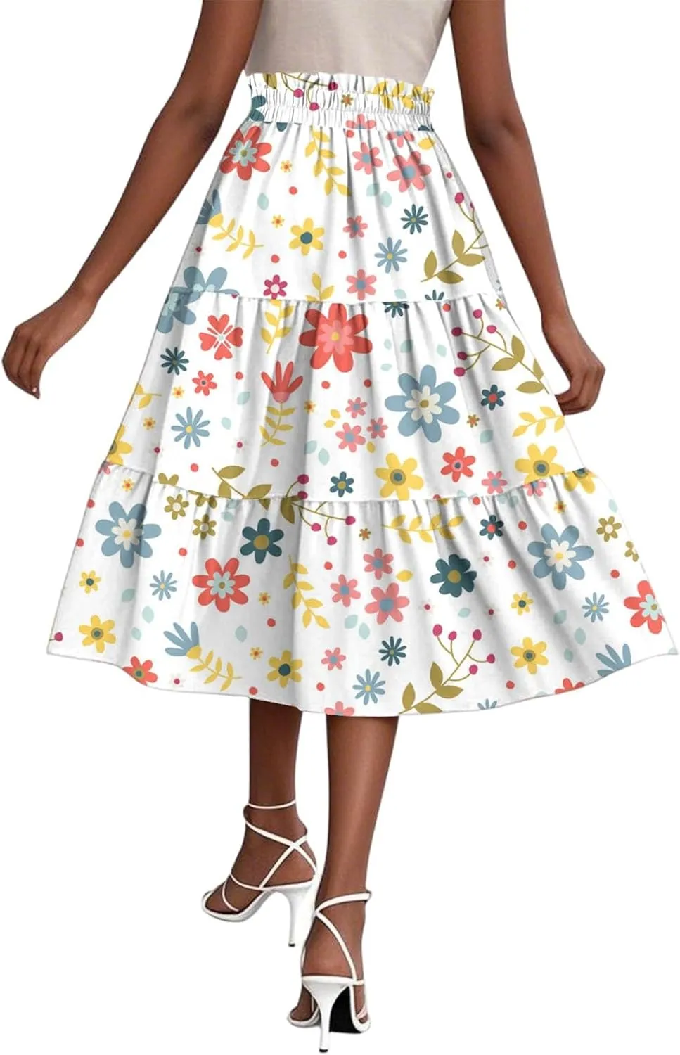 Floral Midi Skirts for Women Summer Comfy Tiered Elastic High Waisted Skirts Vacation A Line Flowy Swing Maxi Skirt