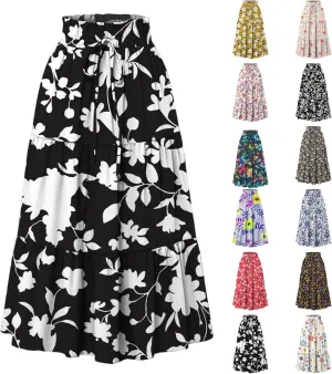 Floral Midi Skirts for Women Summer Comfy Tiered Elastic High Waisted Skirts Vacation A Line Flowy Swing Maxi Skirt
