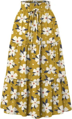 Floral Midi Skirts for Women Summer Comfy Tiered Elastic High Waisted Skirts Vacation A Line Flowy Swing Maxi Skirt