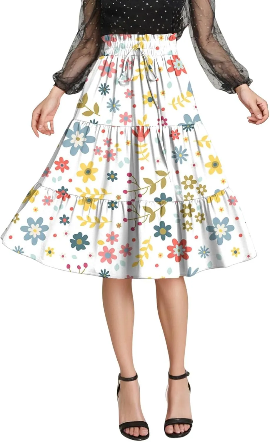 Floral Midi Skirts for Women Summer Comfy Tiered Elastic High Waisted Skirts Vacation A Line Flowy Swing Maxi Skirt