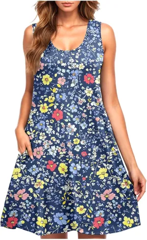 Floral Print Sleeveless Dress for Women Casual Tank Dress with Pockets Summer