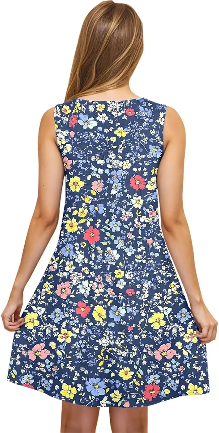 Floral Print Sleeveless Dress for Women Casual Tank Dress with Pockets Summer