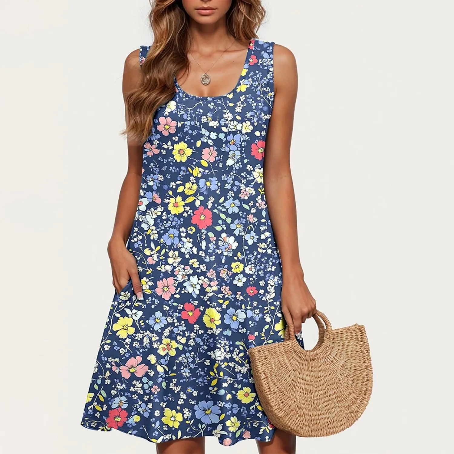 Floral Print Sleeveless Dress for Women Casual Tank Dress with Pockets Summer