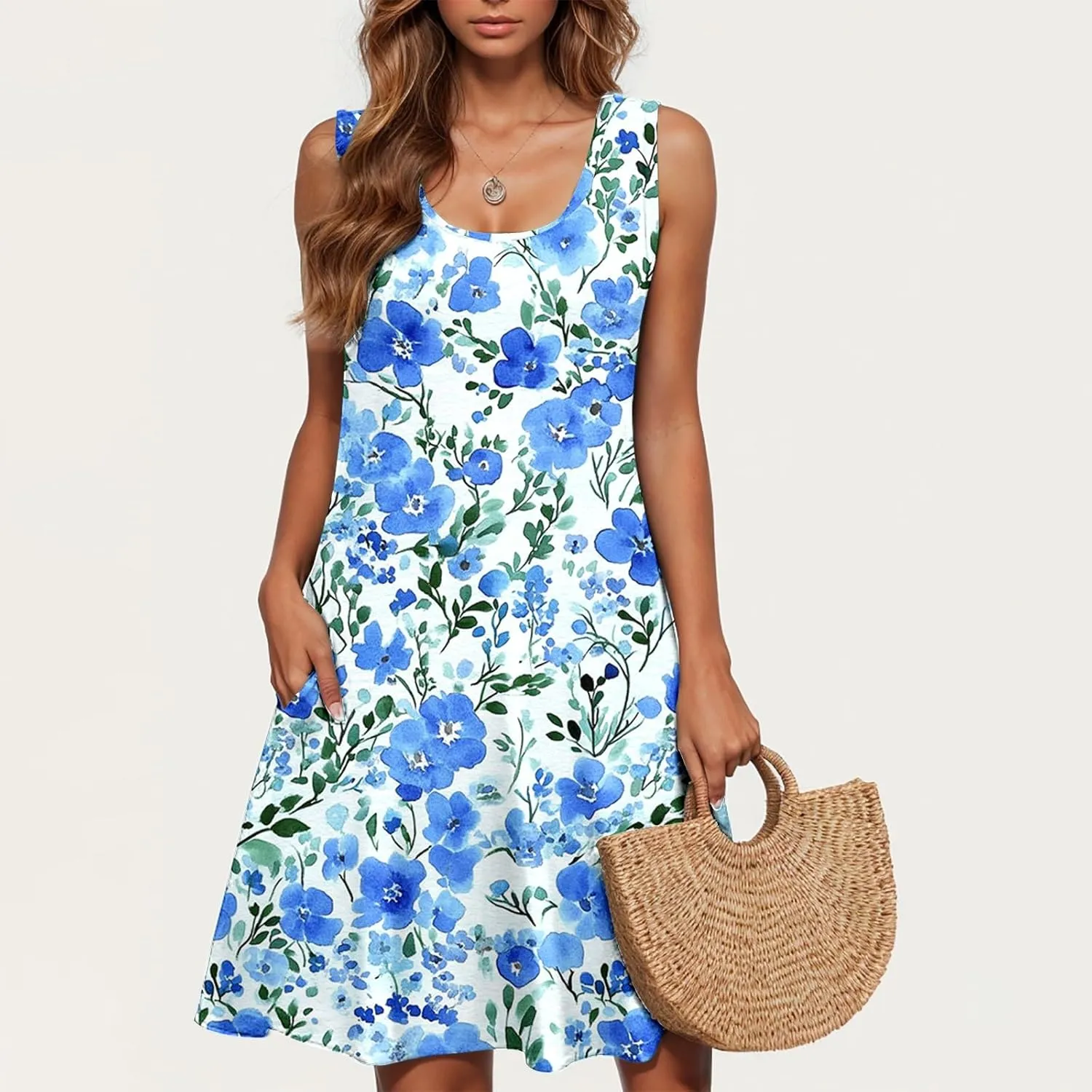 Floral Print Sleeveless Dress for Women Summer Casual Shift Tank Dress with Pockets