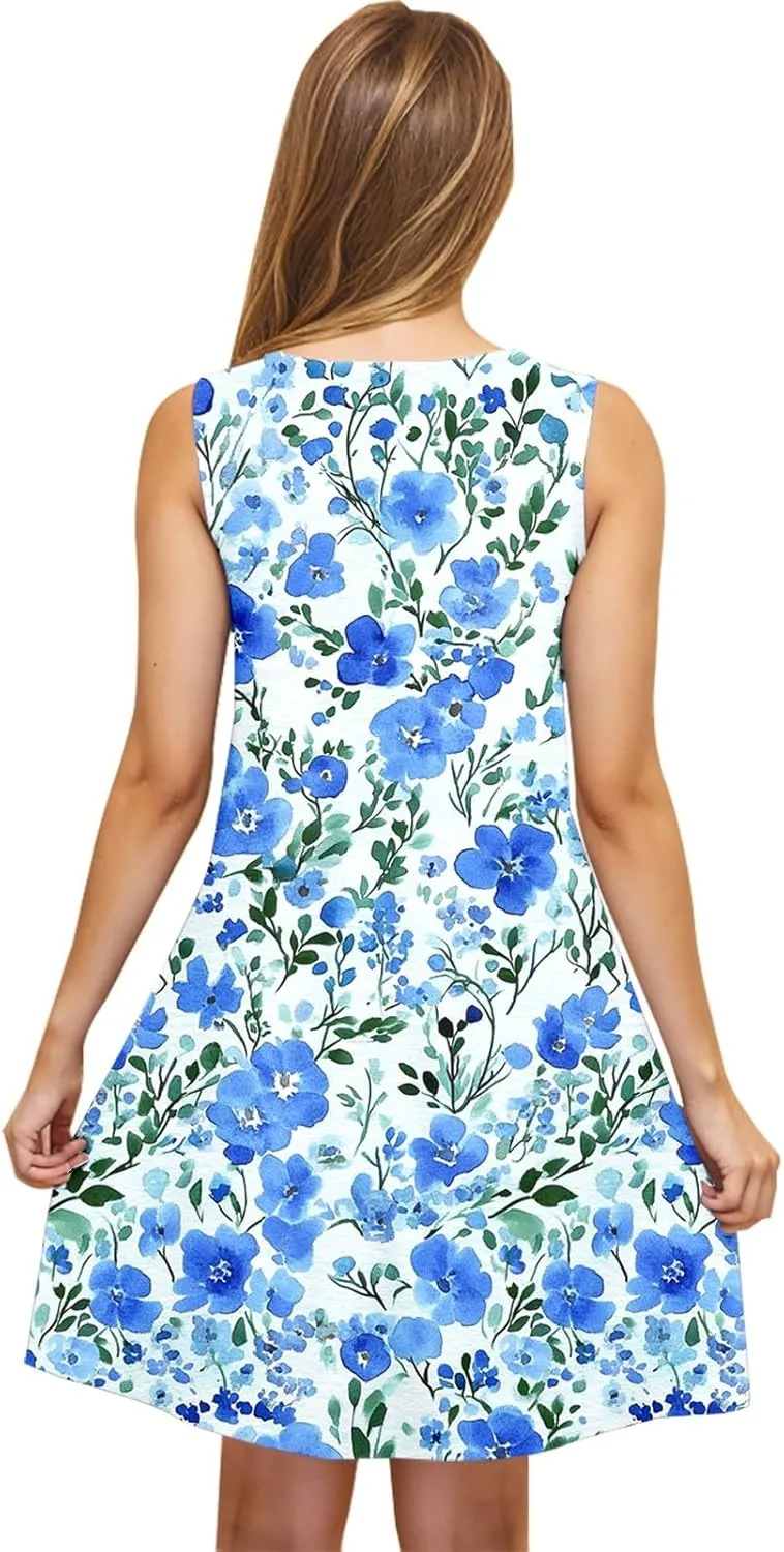 Floral Print Sleeveless Dress for Women Summer Casual Shift Tank Dress with Pockets