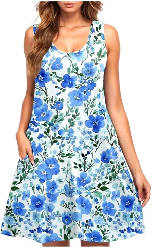 Floral Print Sleeveless Dress for Women Summer Casual Shift Tank Dress with Pockets