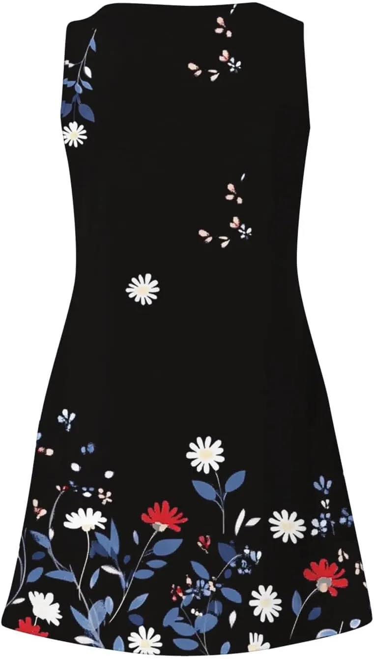 Floral Print Sleeveless Dress for Women V Neck Casual Summer Dress with Side Slit