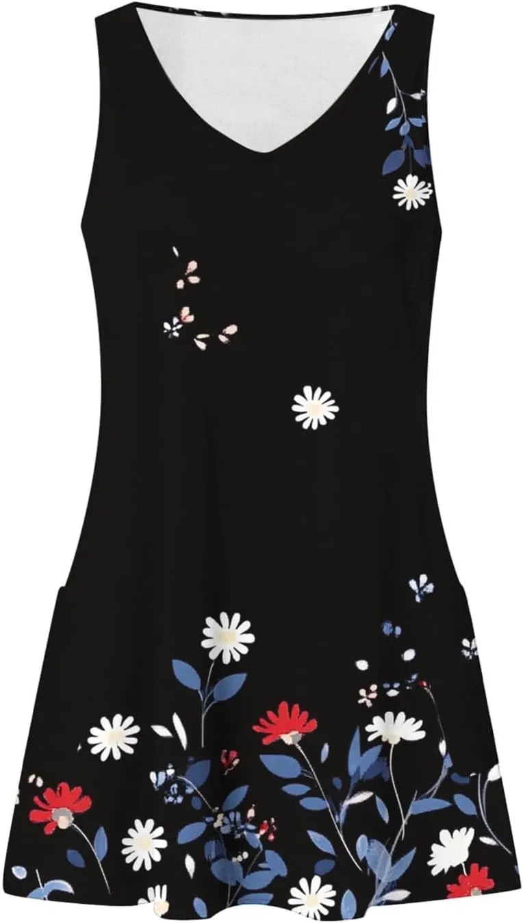 Floral Print Sleeveless Dress for Women V Neck Casual Summer Dress with Side Slit