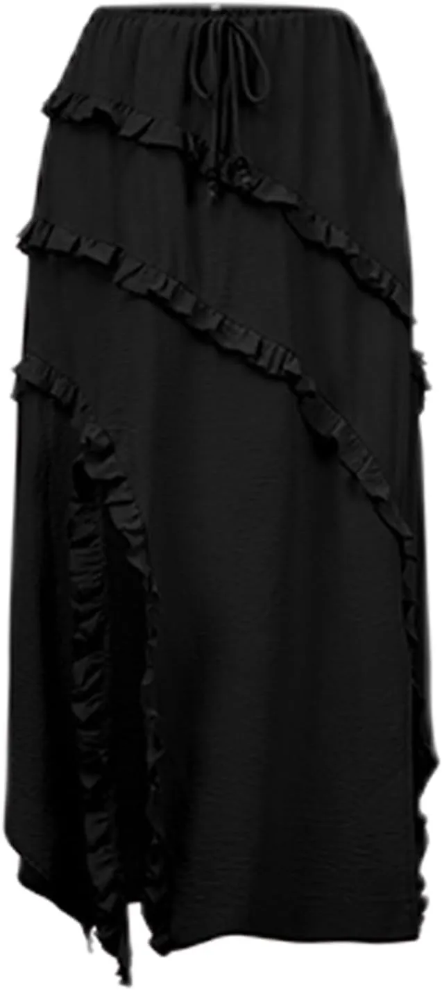 Floral Skirt with Slit for Women Trendy Solid Loose High Elastic Waist Pleated Summer Skirts Vacation Streetwear