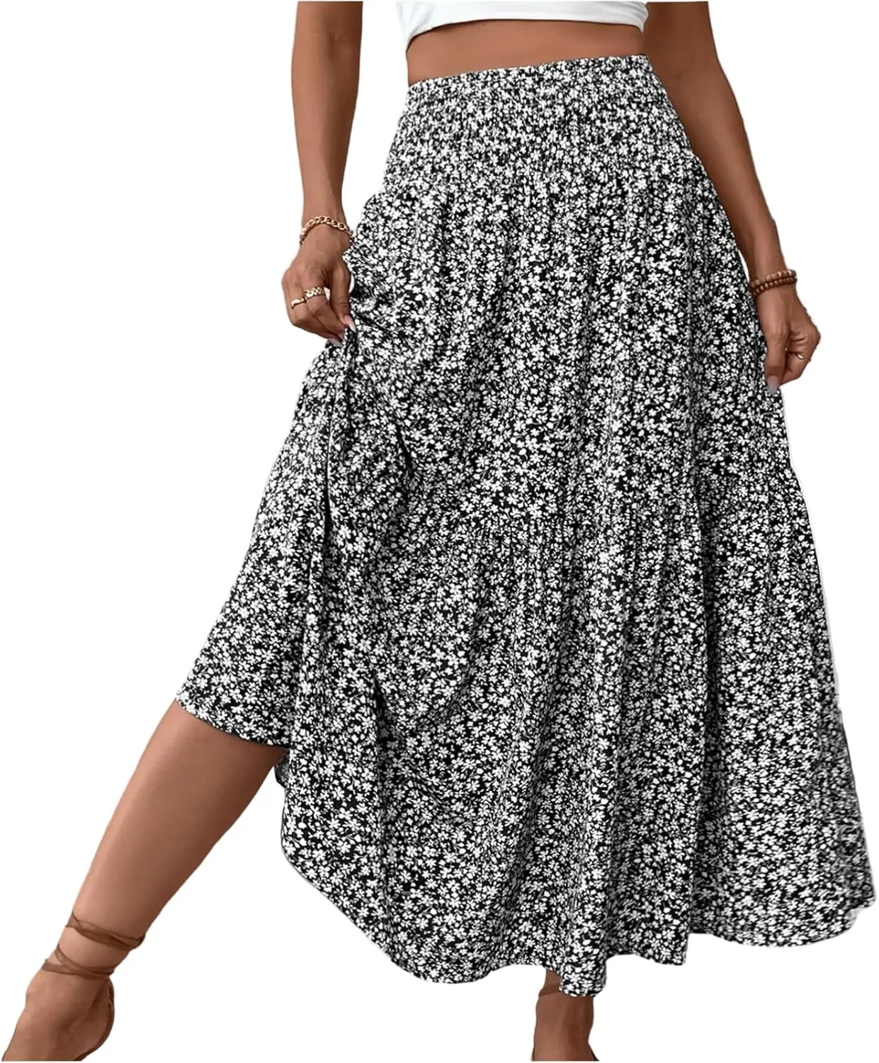 Floral Skirts for Women 2025 Spring Summer Trendy Elastic Waist Maxi Skirts Flowy Bohemian Ruffle Skirt with Pockets