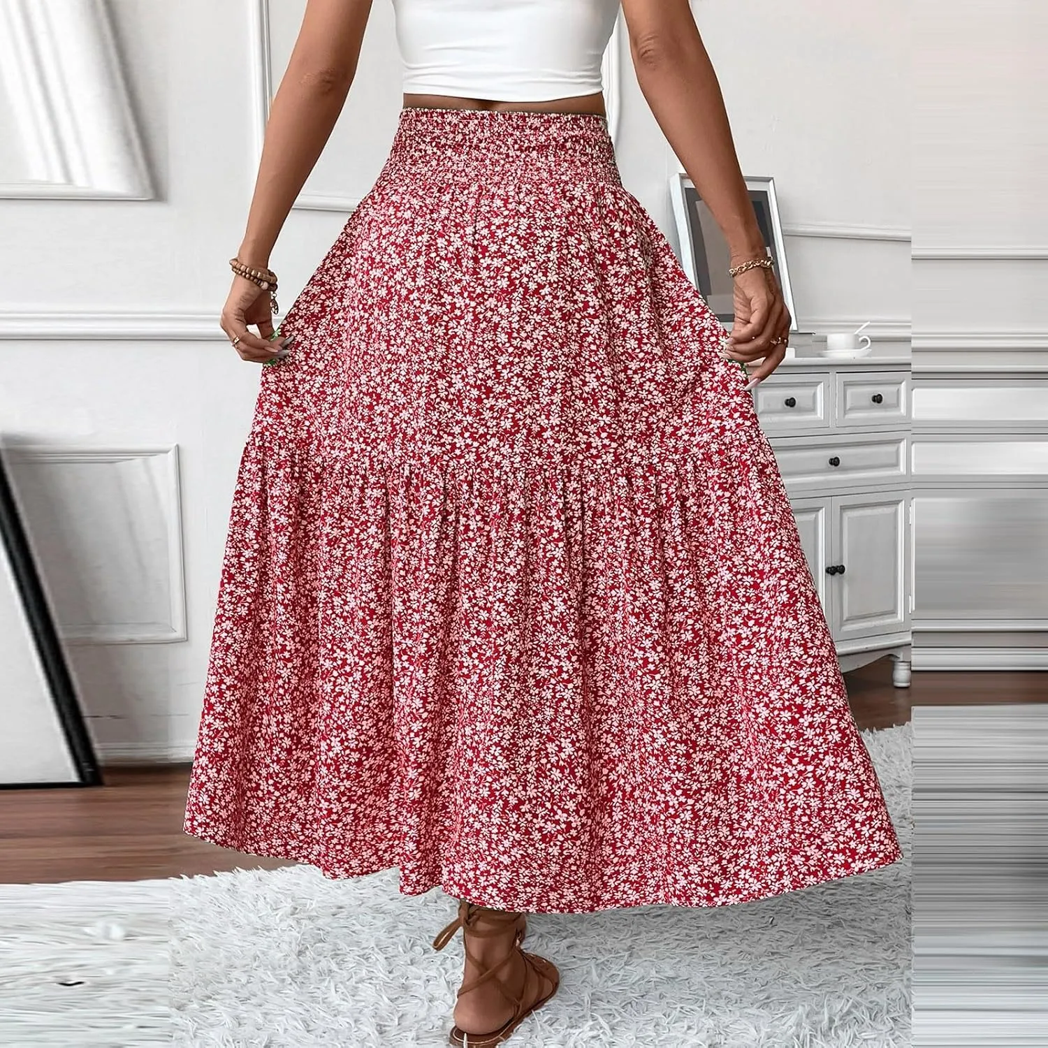 Floral Skirts for Women 2025 Spring Summer Trendy Elastic Waist Maxi Skirts Flowy Bohemian Ruffle Skirt with Pockets
