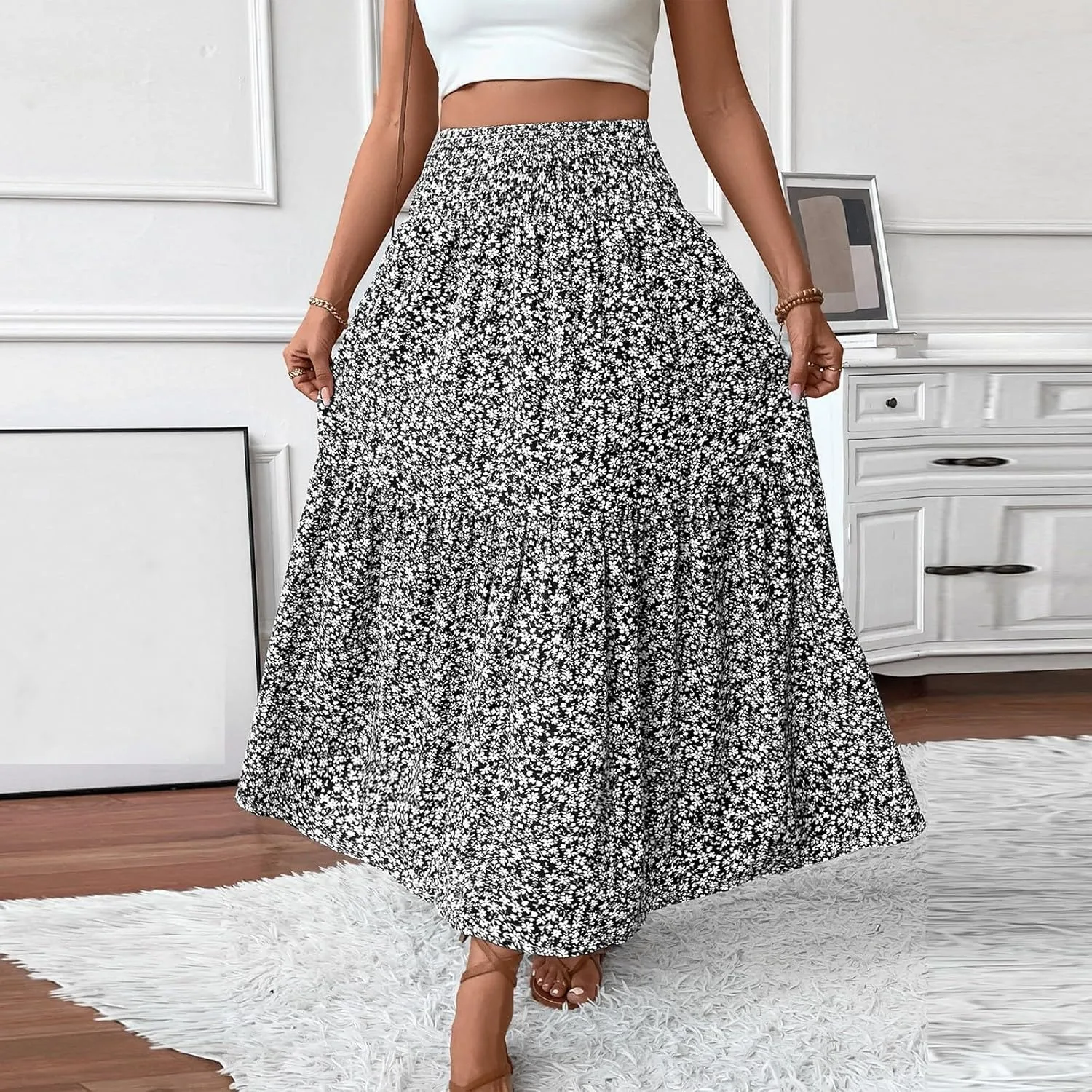 Floral Skirts for Women 2025 Spring Summer Trendy Elastic Waist Maxi Skirts Flowy Bohemian Ruffle Skirt with Pockets