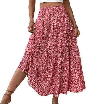 Floral Skirts for Women 2025 Spring Summer Trendy Elastic Waist Maxi Skirts Flowy Bohemian Ruffle Skirt with Pockets