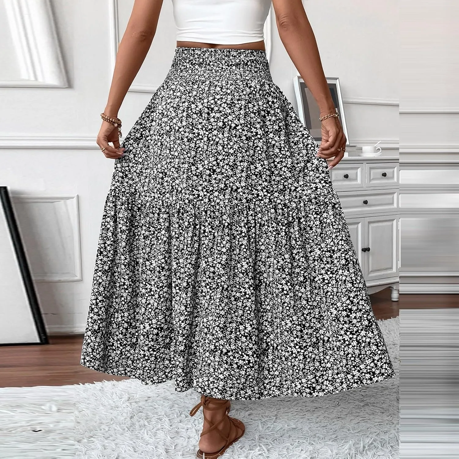Floral Skirts for Women 2025 Spring Summer Trendy Elastic Waist Maxi Skirts Flowy Bohemian Ruffle Skirt with Pockets