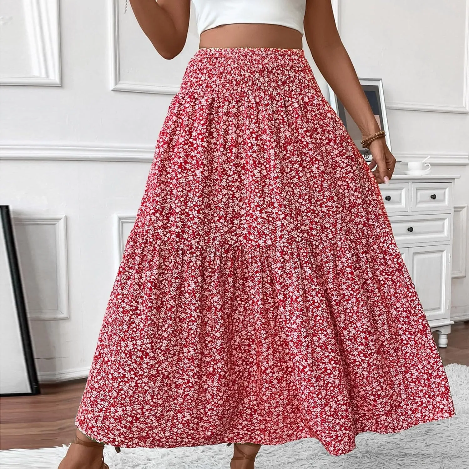 Floral Skirts for Women 2025 Spring Summer Trendy Elastic Waist Maxi Skirts Flowy Bohemian Ruffle Skirt with Pockets