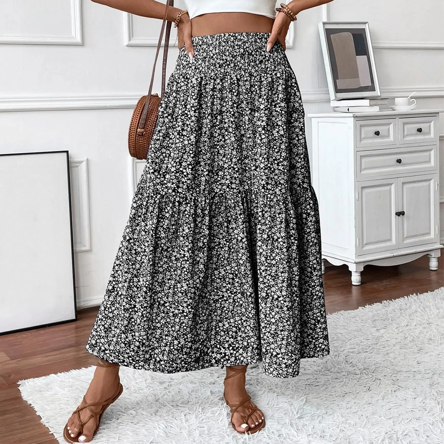 Floral Skirts for Women 2025 Spring Summer Trendy Elastic Waist Maxi Skirts Flowy Bohemian Ruffle Skirt with Pockets