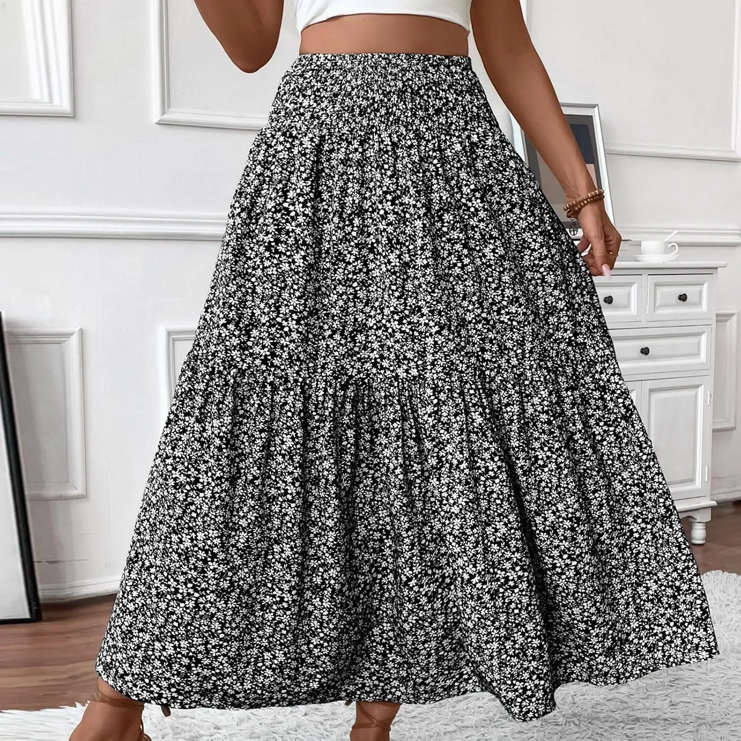 Floral Skirts for Women 2025 Spring Summer Trendy Elastic Waist Maxi Skirts Flowy Bohemian Ruffle Skirt with Pockets
