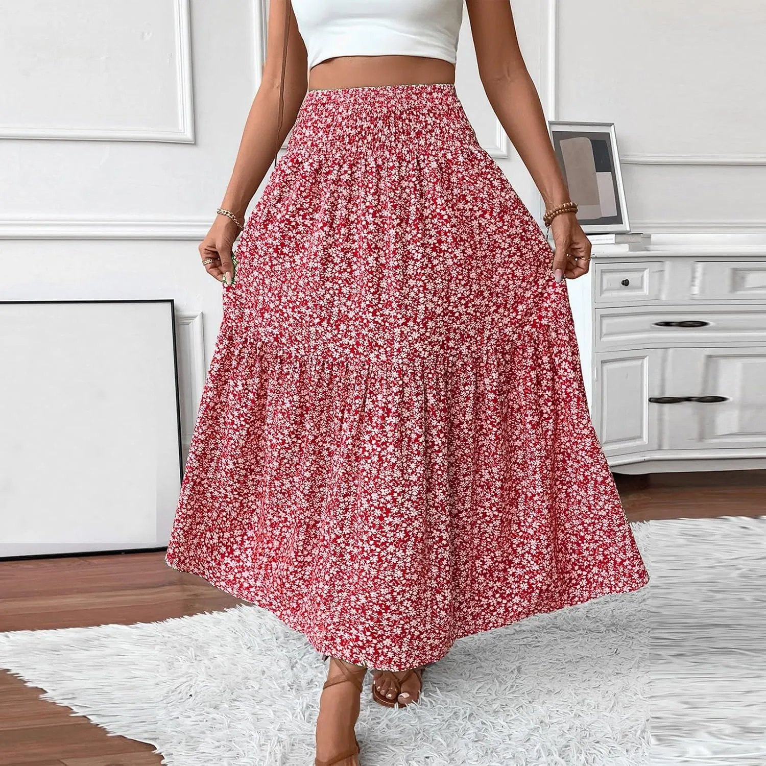 Floral Skirts for Women 2025 Spring Summer Trendy Elastic Waist Maxi Skirts Flowy Bohemian Ruffle Skirt with Pockets