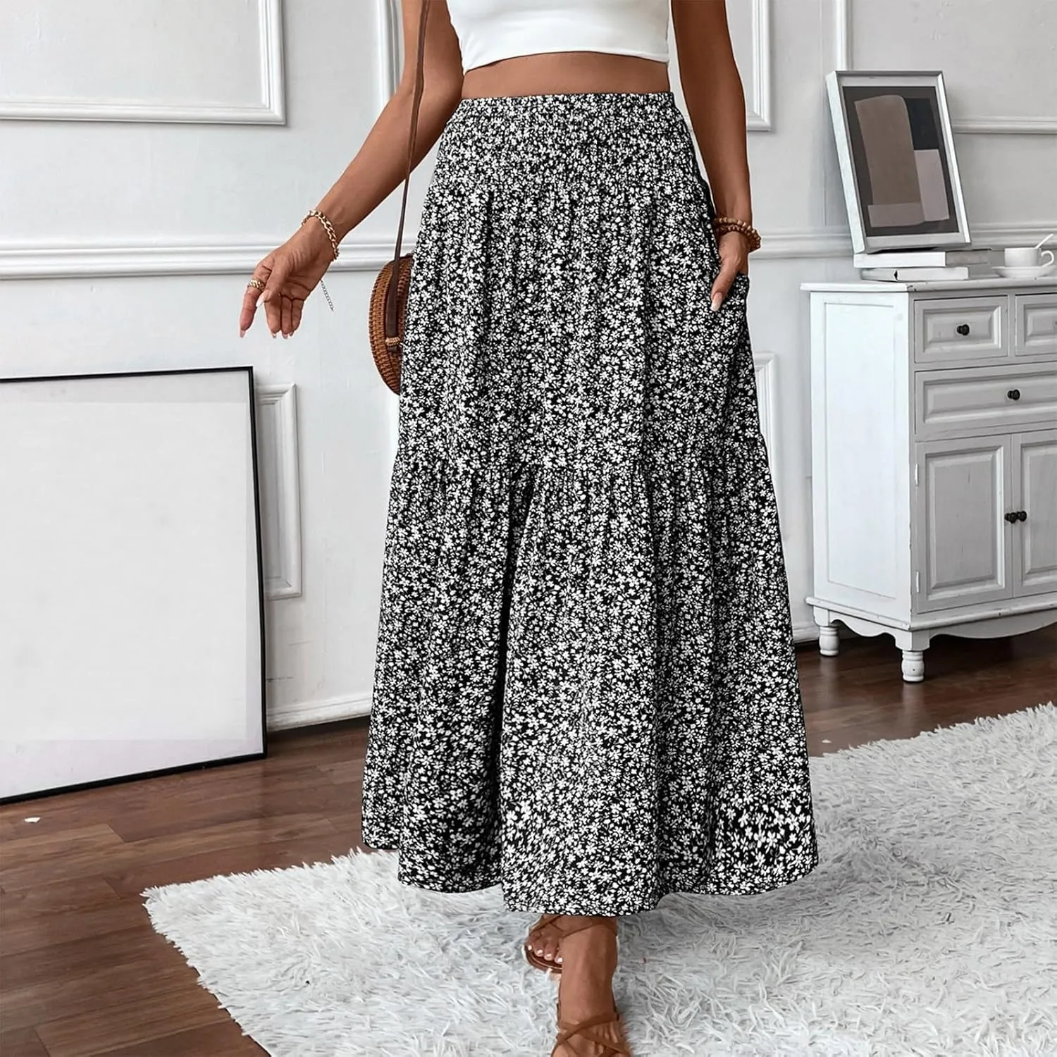 Floral Skirts for Women 2025 Spring Summer Trendy Elastic Waist Maxi Skirts Flowy Bohemian Ruffle Skirt with Pockets
