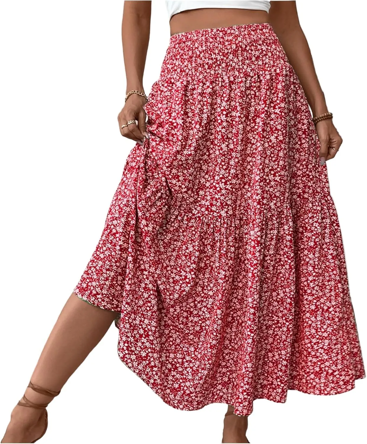 Floral Skirts for Women 2025 Spring Summer Trendy Elastic Waist Maxi Skirts Flowy Bohemian Ruffle Skirt with Pockets
