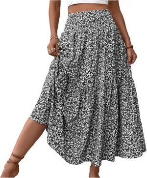 Floral Skirts for Women 2025 Spring Summer Trendy Elastic Waist Maxi Skirts Flowy Bohemian Ruffle Skirt with Pockets