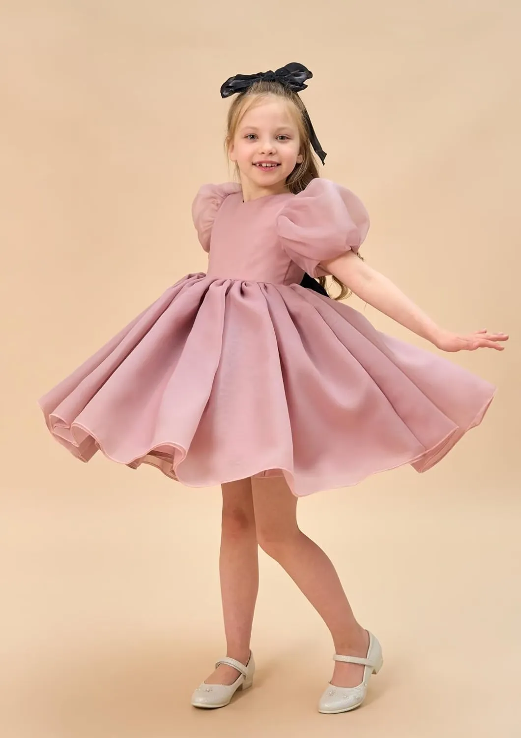Flower Girl Dress Organza Toddler Dresses Puff Sleeve & Bow Bcak Girls Princess Dress for Wedding Birthday Party