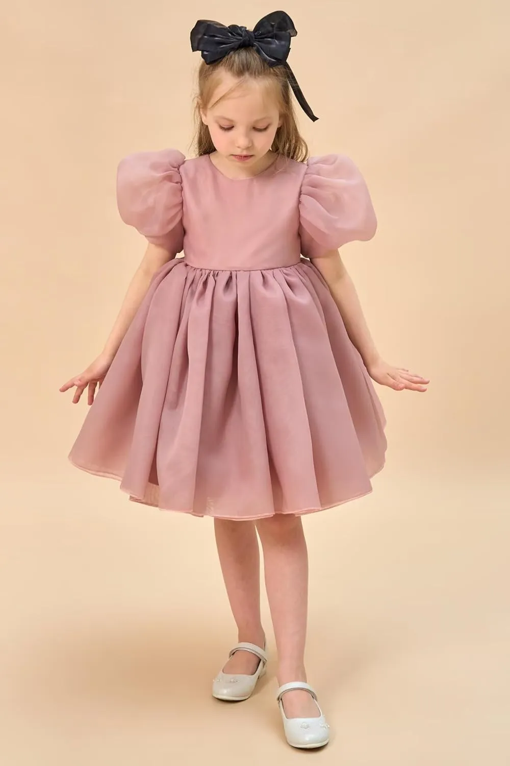 Flower Girl Dress Organza Toddler Dresses Puff Sleeve & Bow Bcak Girls Princess Dress for Wedding Birthday Party