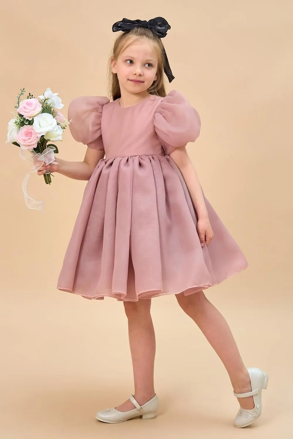 Flower Girl Dress Organza Toddler Dresses Puff Sleeve & Bow Bcak Girls Princess Dress for Wedding Birthday Party