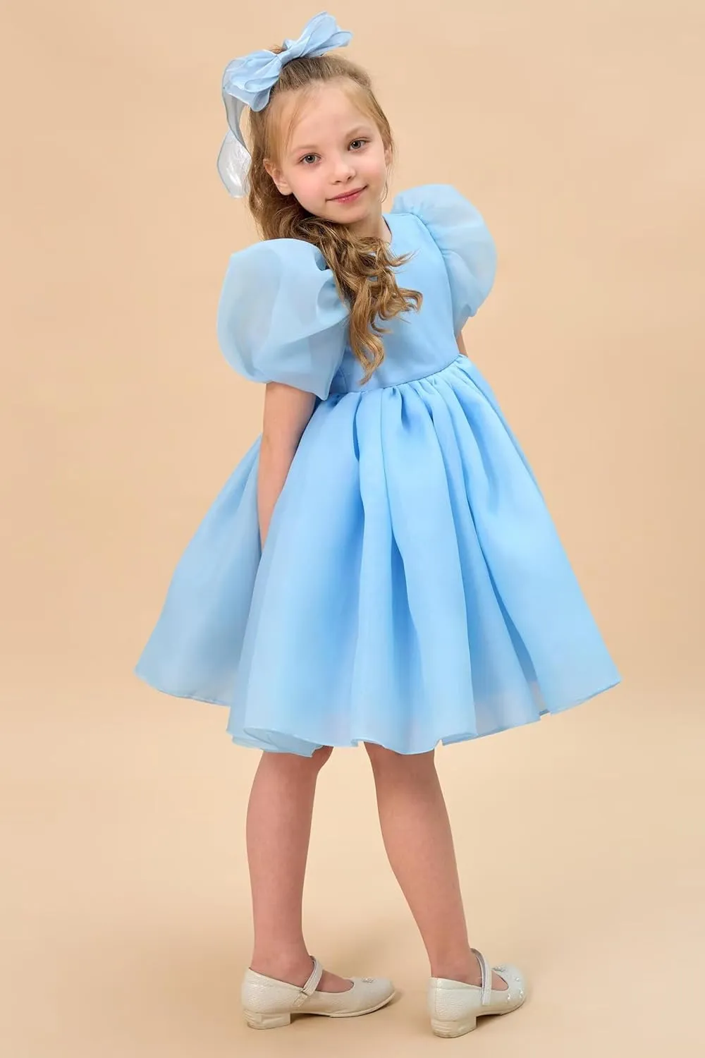 Flower Girl Dress Organza Toddler Dresses Puff Sleeve & Bow Bcak Girls Princess Dress for Wedding Birthday Party