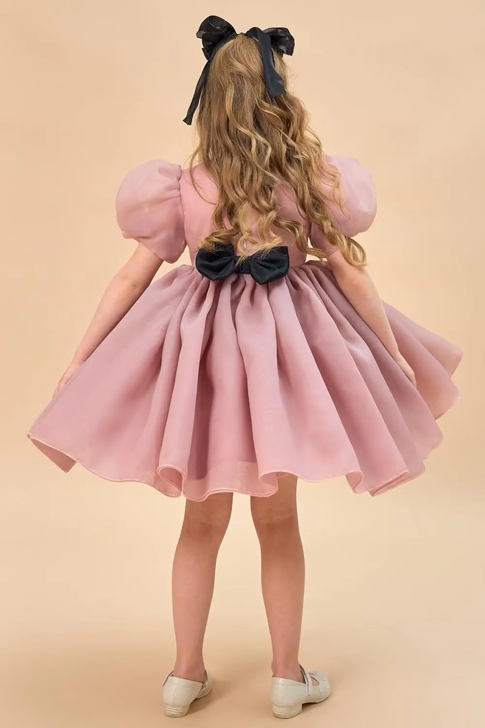 Flower Girl Dress Organza Toddler Dresses Puff Sleeve & Bow Bcak Girls Princess Dress for Wedding Birthday Party