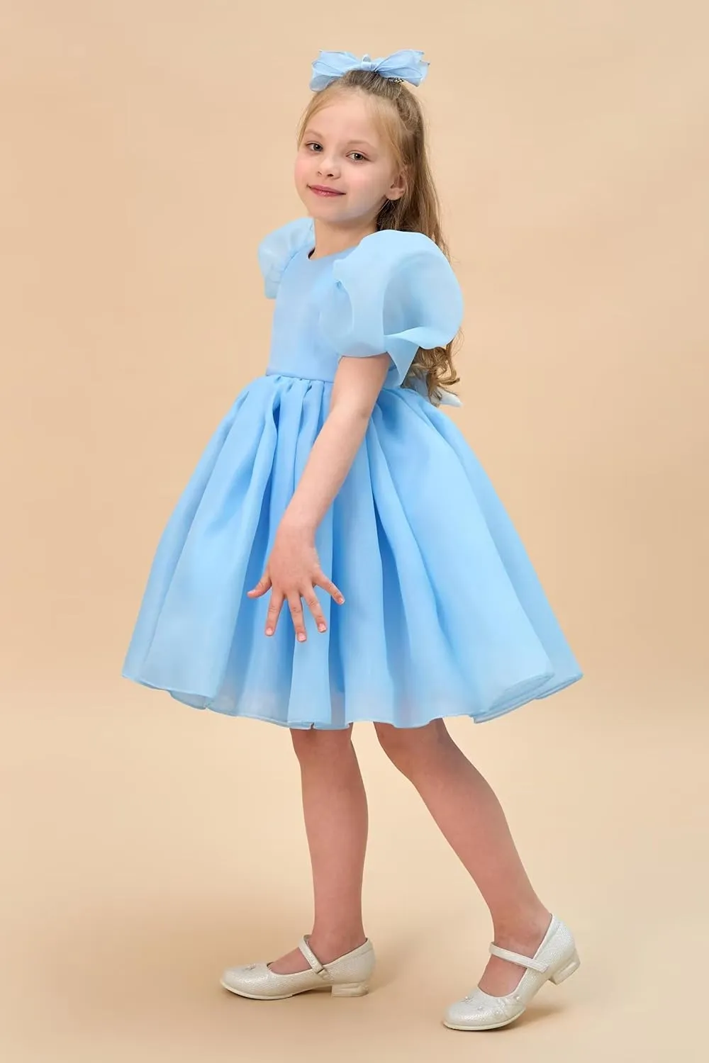 Flower Girl Dress Organza Toddler Dresses Puff Sleeve & Bow Bcak Girls Princess Dress for Wedding Birthday Party