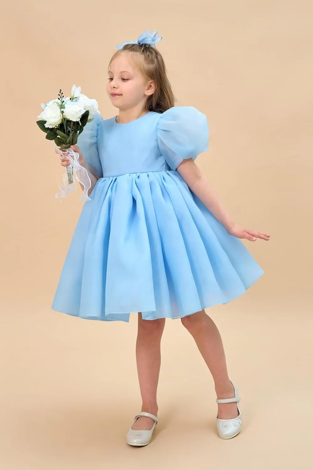 Flower Girl Dress Organza Toddler Dresses Puff Sleeve & Bow Bcak Girls Princess Dress for Wedding Birthday Party