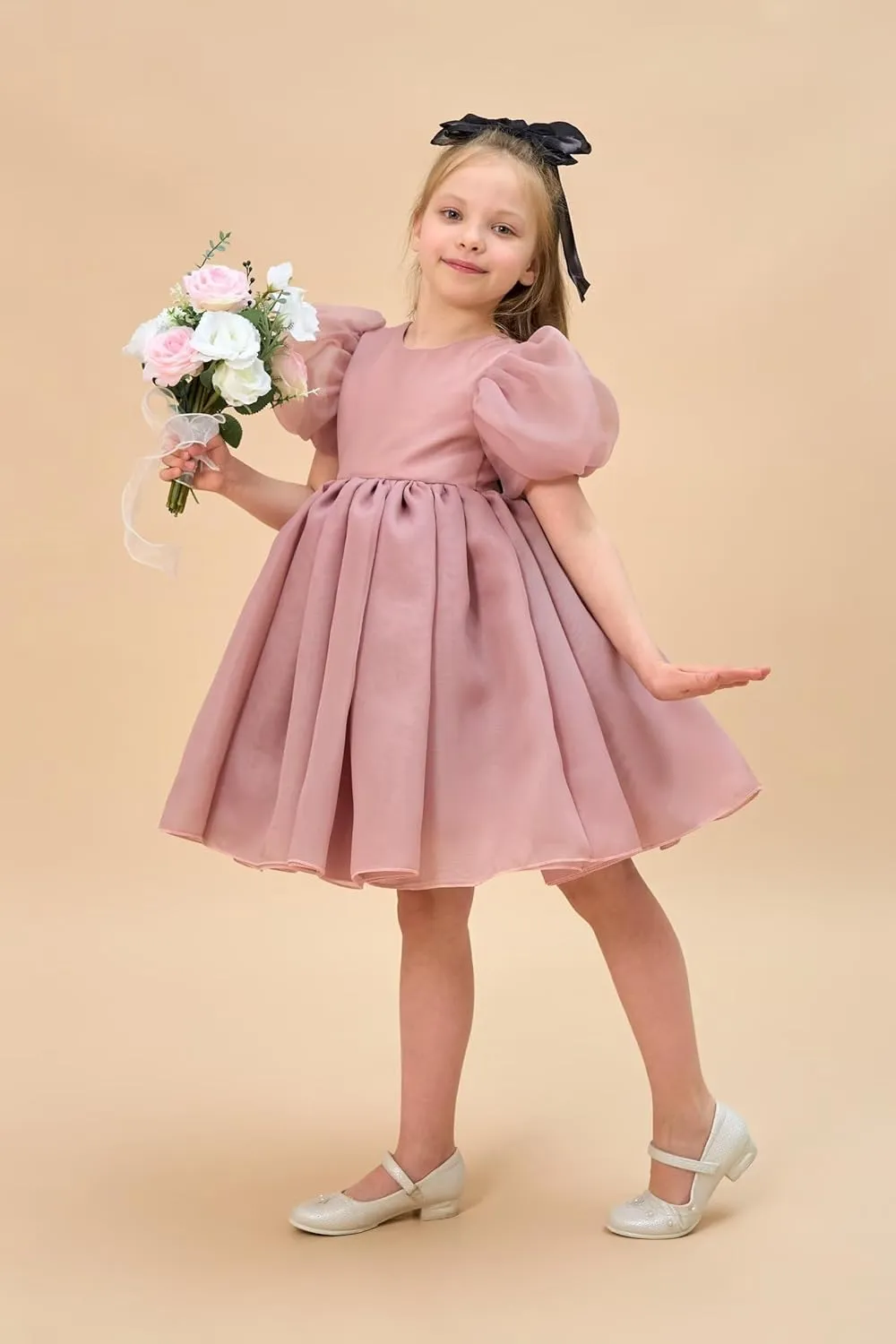 Flower Girl Dress Organza Toddler Dresses Puff Sleeve & Bow Bcak Girls Princess Dress for Wedding Birthday Party
