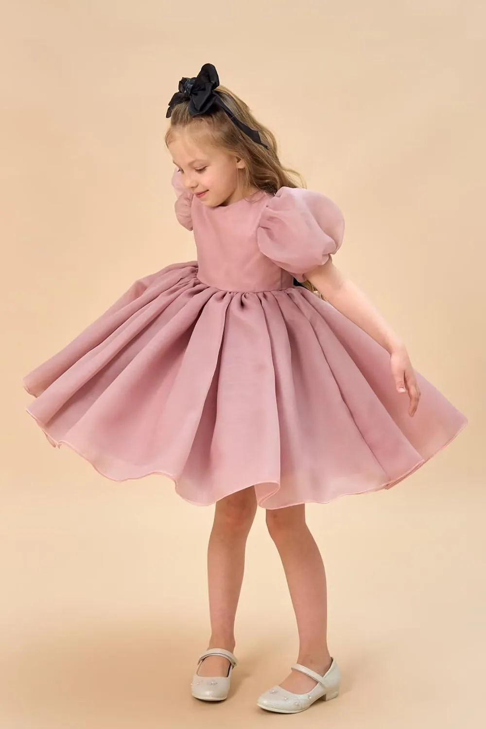 Flower Girl Dress Organza Toddler Dresses Puff Sleeve & Bow Bcak Girls Princess Dress for Wedding Birthday Party