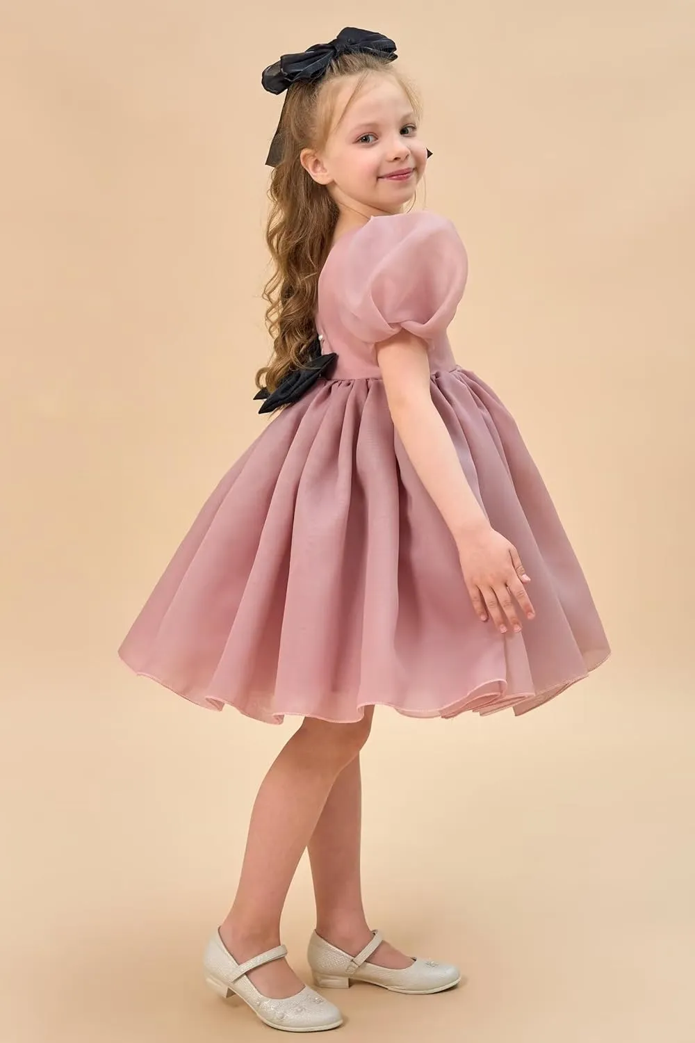 Flower Girl Dress Organza Toddler Dresses Puff Sleeve & Bow Bcak Girls Princess Dress for Wedding Birthday Party