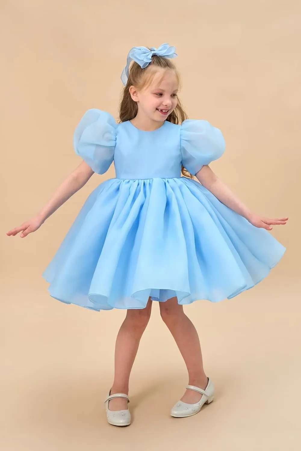 Flower Girl Dress Organza Toddler Dresses Puff Sleeve & Bow Bcak Girls Princess Dress for Wedding Birthday Party