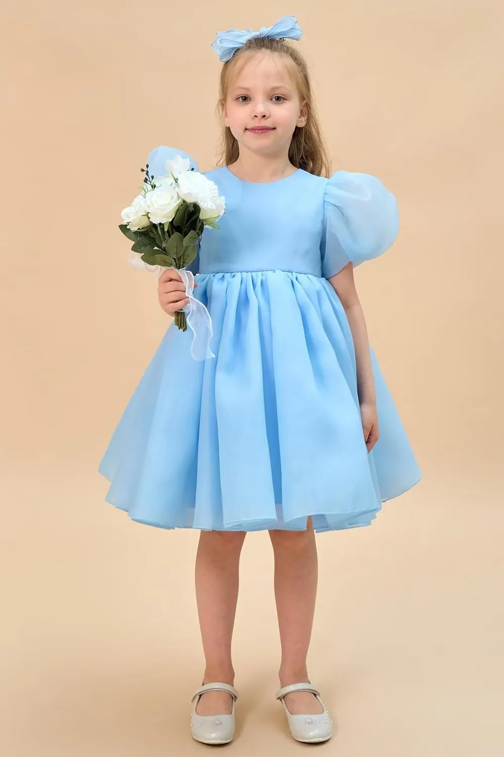 Flower Girl Dress Organza Toddler Dresses Puff Sleeve & Bow Bcak Girls Princess Dress for Wedding Birthday Party