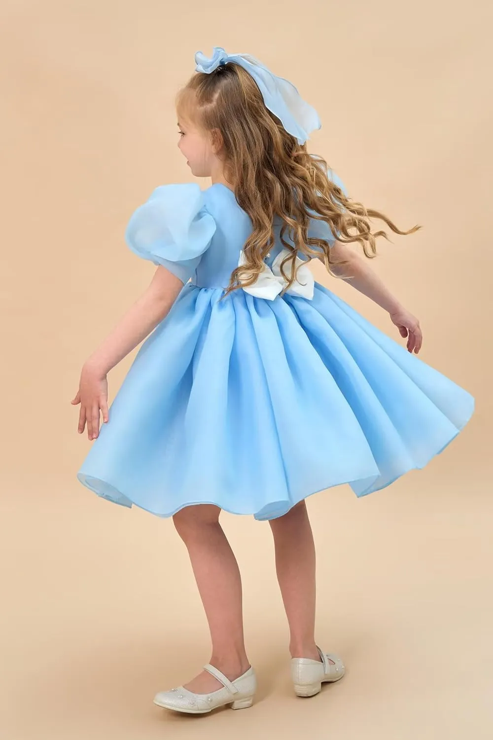 Flower Girl Dress Organza Toddler Dresses Puff Sleeve & Bow Bcak Girls Princess Dress for Wedding Birthday Party