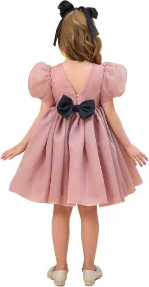 Flower Girl Dress Organza Toddler Dresses Puff Sleeve & Bow Bcak Girls Princess Dress for Wedding Birthday Party