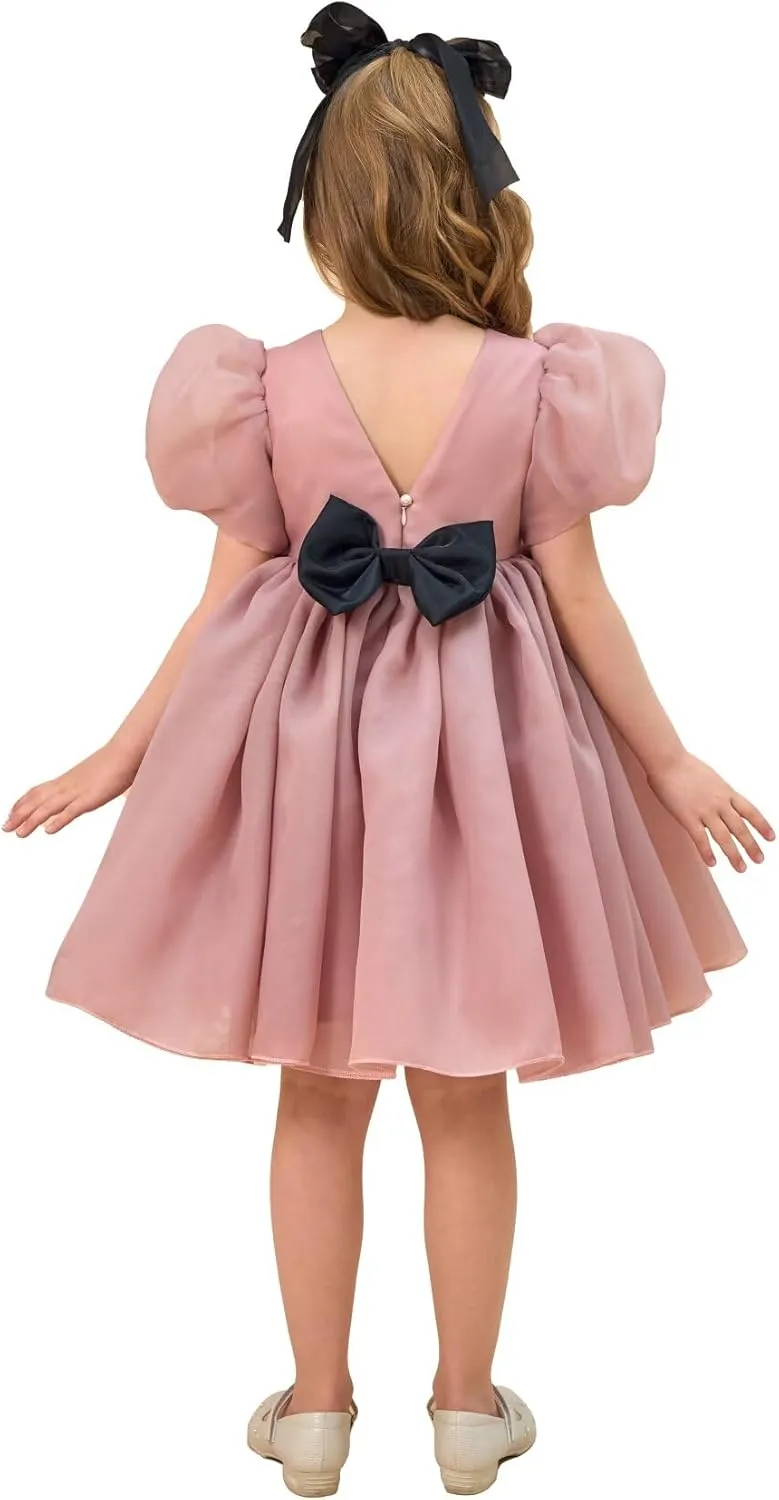 Flower Girl Dress Organza Toddler Dresses Puff Sleeve & Bow Bcak Girls Princess Dress for Wedding Birthday Party