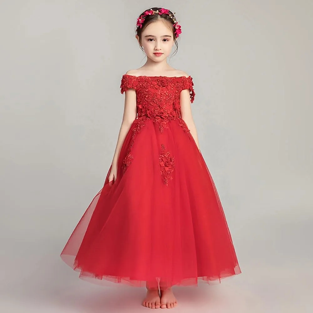 Flower Girls Dress for Wedding Elegant Off Shoulder Princess Party Dresses Long Tulle