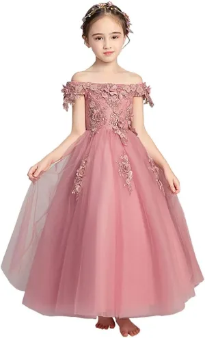 Flower Girls Dress for Wedding Elegant Off Shoulder Princess Party Dresses Long Tulle