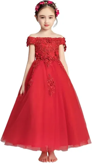 Flower Girls Dress for Wedding Elegant Off Shoulder Princess Party Dresses Long Tulle