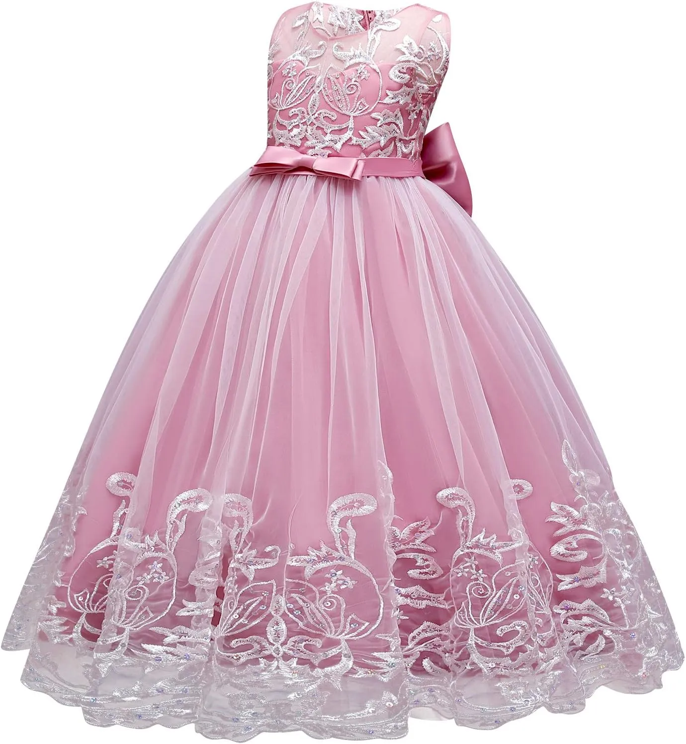 Flower Girls Lace Bridesmaid Dress Kids Wedding Pageant Party Long Prom Formal Ball Gown Princess Puffy Tulle Evening Dress